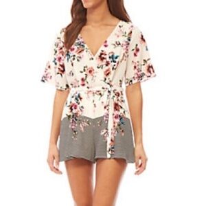 Blue Rain Floral and Striped Open Back Romper Medium